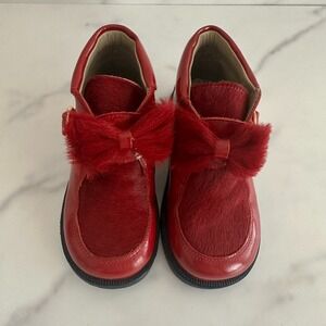 D'Bebé Made‎ in Spain Luxury Kids Red Calf-Hair Bow Booties Size 24 EUR/US 8